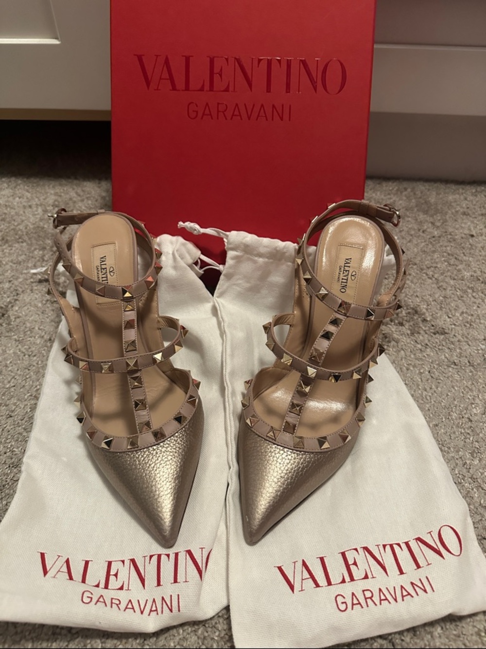Valentino Garavani Metallic Nude Rockstud Pointed-Toe Strappy Pumps
